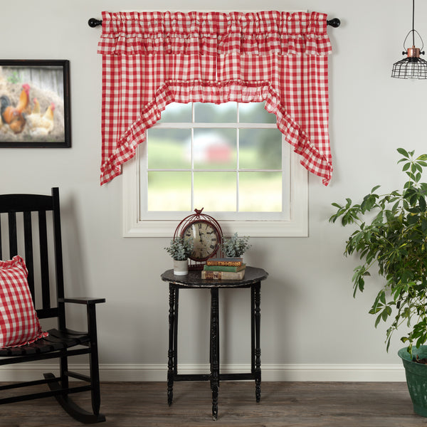 Annie Buffalo Red Check Ruffled Swag Set of 2 36x36x16, large scale check Country Red, Antique Creme, Primitive Country Farmhouse Window Treatments Curtains Home Decor.