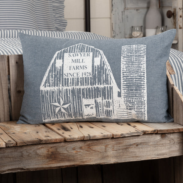 Sawyer Mill Blue Barn Pillow 14x22, stenciled barn with silo in distressed color, "Sawyer Mill Farms Since 1928", Primitive Country Farmhouse Bedding Home Decor.