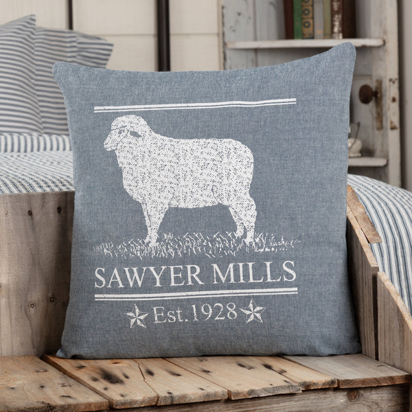 Sawyer Mill Blue Lamb Pillow 18x18 has a distressed stenciled white lamb on textured chambray denim blue fabric. Primitive country Farmhouse Bedding Home Decor.