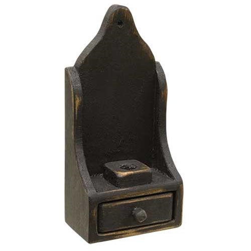 Sconce with Drawer is a rustic wooden taper holder with a distressed, black painted finish. Sconce can sit tabletop or be hung by a pre-drilled hole. Measures 11½" high by 5½" wide and 3¼" deep. Taper opening measures ⅞" in diameter. Visit website for FREE s/h & discount offers. Primitive Country Farmhouse Home Decor.