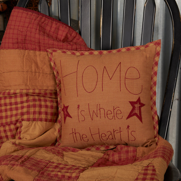Ninepatch Star Home Pillow 12x12 features burgundy and tan microcheck fabric trimmed with burgundy and tan check fabric with "Home is Where the Heart is" embroidered on the front. Primitive Country Farmhouse Bedding Home Decor.