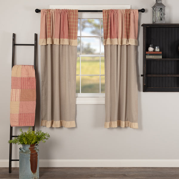 Sawyer Mill Red Short Panel with Attached Patchwork Valance Set of 2 63x36,  Valance attached at top detailed with vertical strips of country red, dark tan, and creme plaid and striped fabrics. Primitive Country Farmhouse Window Treatments Curtains Home Decor.