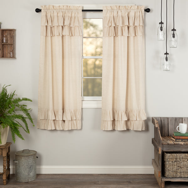 Simple Life Flax Natural Ruffled Short Panel Set of 2 63x36, Primitive Country Farmhouse Window Treatments Curtains Home Decor.