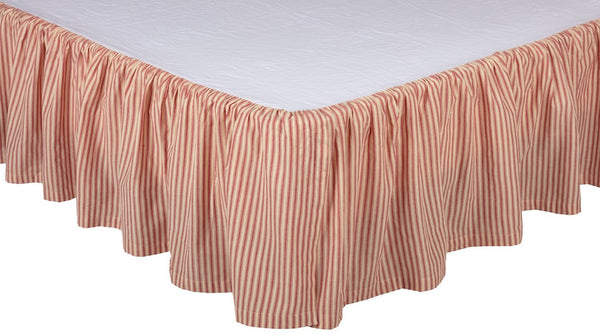 Sawyer Mill Red Ticking Stripe King Bed Skirt 78x80x16, features repeating, red ticking stripes woven into dark creme cotton base. Window Treatments Curtains Home Decor Primitive Country Farmhouse