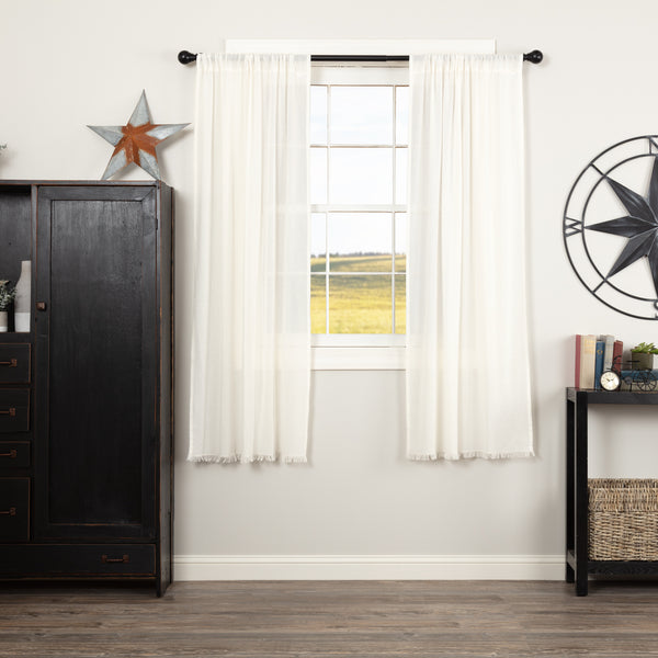 Enhance your farmhouse windows with Tobacco Cloth Antique White Short Panels. Set of 2, 63x36, 100% cotton with fringe. Rustic, airy country charm.