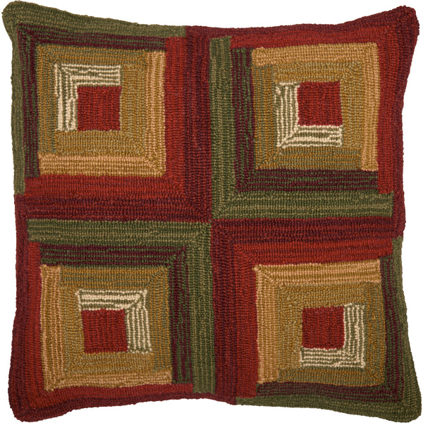 Tea Cabin Log Cabin Hooked Pillow 18x18, geometric squares in red, yellow, and green. Primitive Country Farmhouse Bedding Home Decor.