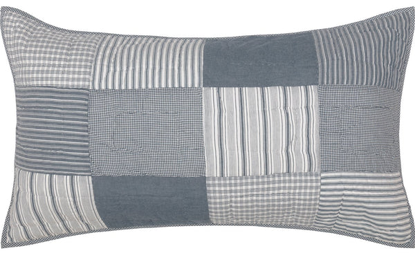 Sawyer Mill Blue King Sham 21x37,  brick layout in various plaid and striped Farmhouse fabrics, denim blue, soft white. Primitive Country Farmhouse Bedding Home Decor.