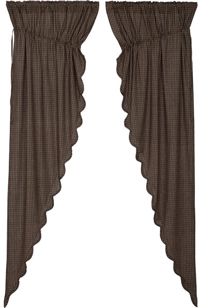Kettle Grove Plaid Prairie Long Panel Scalloped Set of 2 84x36x18, Primitive Country Farmhouse Window Treatments Curtains Home Decor. Black Creme.