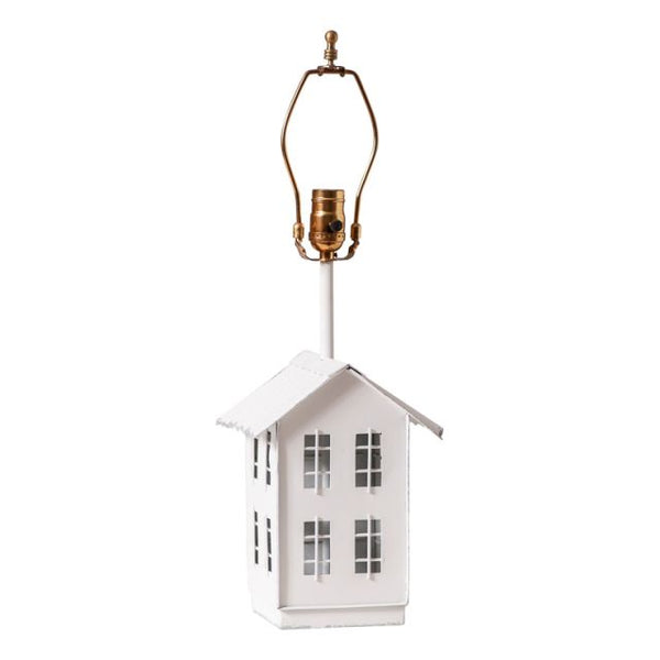 The nostalgic silhouette of a farmhouse perched on rolling hills meets a country aesthetic in this charming table lamp. The base is formed of a simple metal saltbox farmhouse, complete with four tiny windows on each