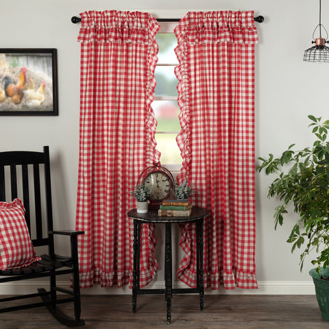 Annie Buffalo Red Check Ruffled Panel Set of 2 84x40, large scale red and white checks, Primitive Country Farmhouse Window Treatments Curtains Home Decor.