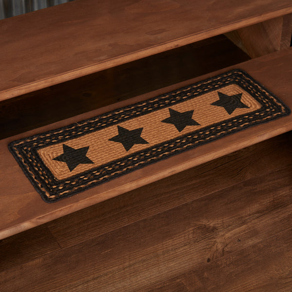Farmhouse Jute Stair Tread Stencil Stars Rect Latex 8.5x27, Traditional 5-point are stenciled in black on natural tan braided jute. Primitive Country Farmhouse Home Decor.