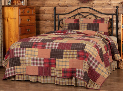 Wyatt California King Quilt Set; 1 Quilt and 2 Shams, crimson, khaki, and dark brown plaid and stripes, Rustic, lodge, primitive country farmhouse quilted bedding home decor.