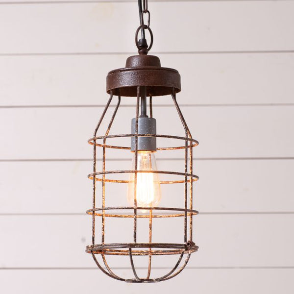 Industrial Cage Light Pendant. Measures 17.5-Inches high and 7.5-Inches diameter Includes canopy kit. E26/Medium (Standard) socket, 1 x 150 watts maximum wattage UL-CUL listed for dry locations. This light ships for FREE! Primitive Country Farmhouse Lighting Home Decor & Accessories.