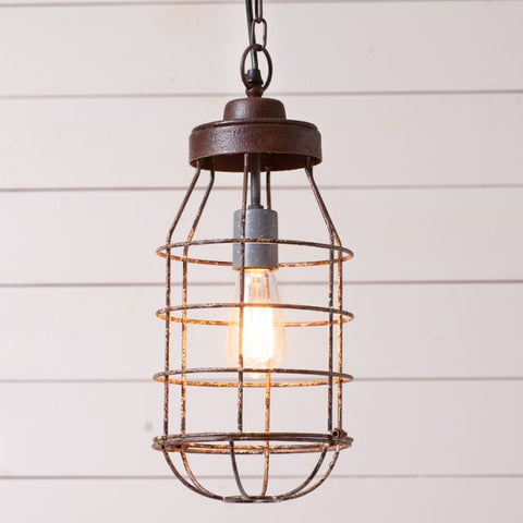 Industrial Cage Light Pendant. Measures 17.5-Inches high and 7.5-Inches diameter Includes canopy kit. E26/Medium (Standard) socket, 1 x 150 watts maximum wattage UL-CUL listed for dry locations. This light ships for FREE! Primitive Country Farmhouse Lighting Home Decor & Accessories.