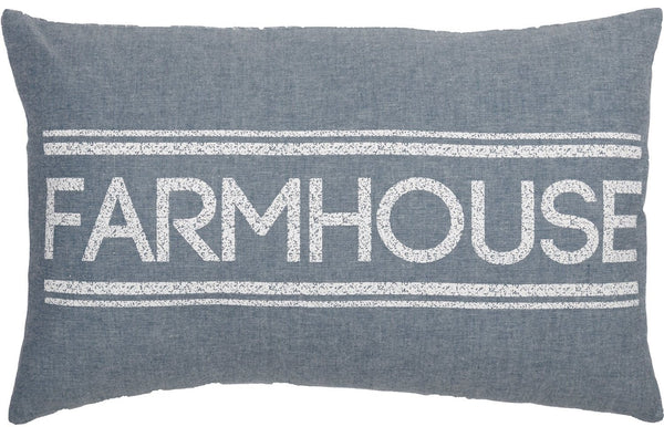 Sawyer Mill Blue Farmhouse Pillow 14x22, a grain sack stripe above and below the wording, stenciled in distressed white, across the center, Primitive Country Farmhouse Bedding Home Decor.
