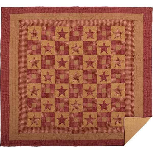 Ninepatch Star California King Quilt 130Wx115L alternates large burgundy stars with burgundy and khaki multi fabric blocks. Primitive Country Farmhouse Quilted Bedding Home Decor.