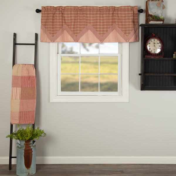Sawyer Mill Red Valance Layered 20x60, featuring country red plaid layered fabric over repeating ticking stripe fabric. Primitive Country Farmhouse Window Treatments Curtains Home Decor.