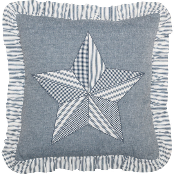 Sawyer Mill Blue Barn Star Pillow 18x18,  patchwork 5-point Texas Star on a denim blue fabric finished with a ticking stripe gathered ruffle. Primitive Country Farmhouse Bedding Home Decor.