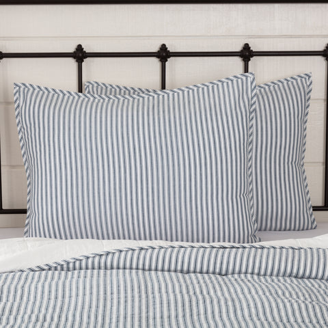 Sawyer Mill Blue Ticking Stripe Standard Sham 21x27, repeating, denim blue ticking stripe woven into solid soft white cotton base. Primitive Country Farmhouse Bedding Home Decor.