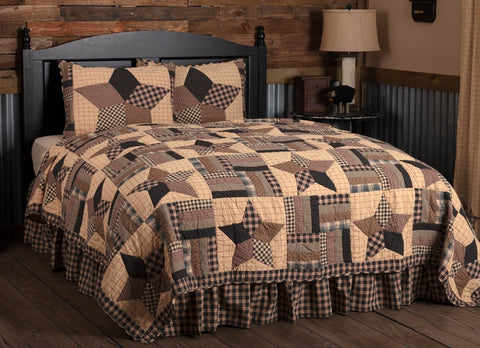 Bingham Star Queen Quilt Set including 1 Quilt and 2 Shams. Soft black, khaki, and red plaid, check and printed fabrics while beautifully showcasing alternating large 5-point star and confetti strip blocks. Primitive Country Farmhouse Quilted Bedding Home Decor.