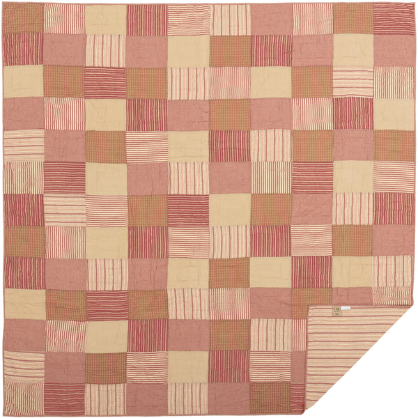 Sawyer Mill Red Queen Quilt 90Wx90L, simple block pattern in various plaid and stripes work perfectly to set a Farmhouse mood for the bedroom. This cozy quilt is Country Red, Dark Tan, Dark Creme. Primitive Country Farmhouse Bedding Home Decor.