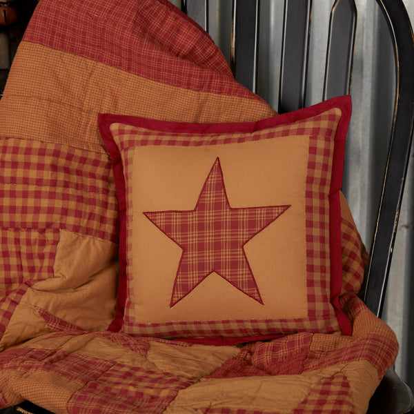 Ninepatch Star Quilted Pillow 12x12  is a hand quilted pillow that features a large center 5-point star on the front and coordinating double borders. Primitive Country Farmhouse Bedding Home Decor.