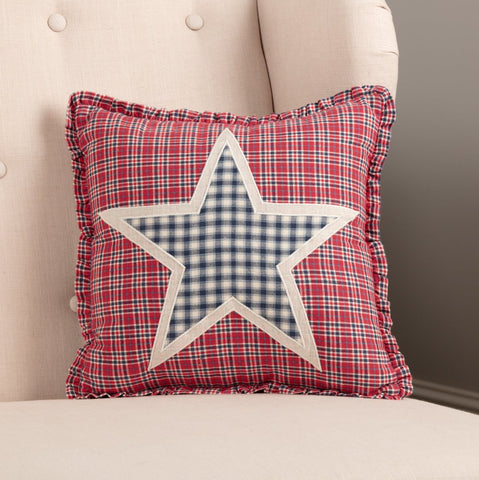 Hatteras Star Pillow 12x12, Seersucker fabric in American red, cotton white, and denim blue. Primitive Country Farmhouse Bedding Home Decor.