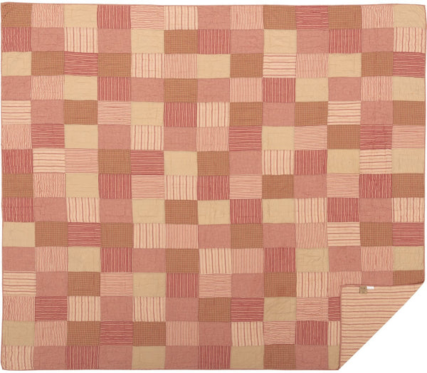 Sawyer Mill Red Luxury King Quilt 120Wx105L, simple block pattern in various plaid and stripes work perfectly to set a Farmhouse mood for the bedroom.  This cozy quilt is Country Red, Dark Tan, Dark Creme., Primitive Country Farmhouse Bedding Home Decor.