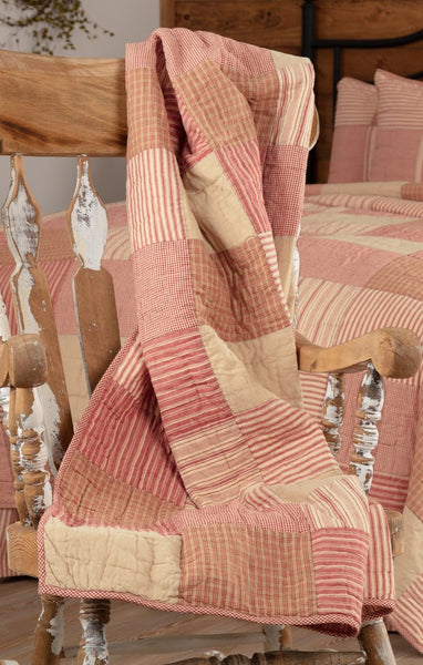 Sawyer Mill Red Block Quilted Throw 60x50, Featuring simple block layout in various plaid and striped farmhouse fabrics with stitch in the ditch and echo hand quilting on Country Red, Dark Tan, Dark Creme fabrics, Primitive Country Farmhouse Blanket Home Decor.