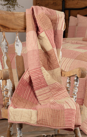 Sawyer Mill Red Block Quilted Throw 60x50, Featuring simple block layout in various plaid and striped farmhouse fabrics with stitch in the ditch and echo hand quilting on Country Red, Dark Tan, Dark Creme fabrics, Primitive Country Farmhouse Blanket Home Decor.
