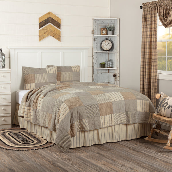 Sawyer Mill Charcoal Queen Quilt Set; 1-Quilt 90Wx90L w/2 Shams 21x27, charcoal grey, khaki, and creme fabrics with simple brick layout in various plaid and striped farmhouse fabrics. Primitive Country Farmhouse Bedding Home Decor.