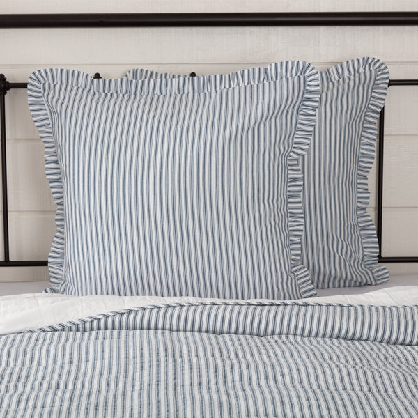Sawyer Mill Blue Ticking Stripe Fabric Euro Sham 26x26,  repeating, blue ticking stripes woven into a soft cream cotton base. Primitive Country Farmhouse Bedding Home Decor.