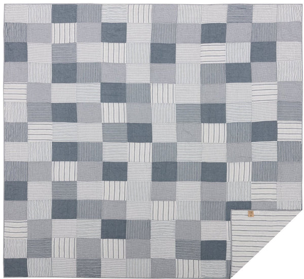 Sawyer Mill Blue King Quilt 105Wx95L, simple block pattern in various plaid and stripes work perfectly to set a Farmhouse mood , denim blue, soft white. Primitive Country Farmhouse Bedding Home Decor.