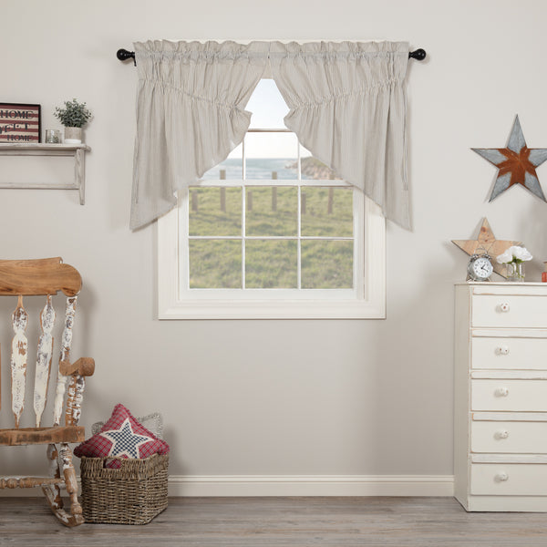 Hatteras Seersucker Blue Ticking Stripe Prairie Swag Set of 2 36x36x18, denim blue on cotton white give a vintage "worn" look of faded jeans, matched with classic ticking stripes to add visual appeal. Primitive Country Farmhouse Window Treatments Curtains Home Decor.