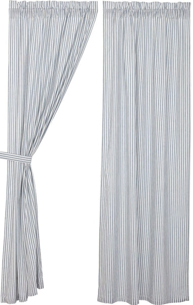 Sawyer Mill Blue Ticking Stripe Panel Set of 2 84x40, repeating denim blue ticking stripes woven onto soft white fabric. Primitive Country Farmhouse Window Treatments Curtains Home Decor.