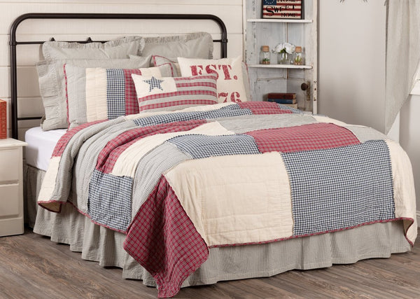Hatteras Patch King Quilt 105Wx95L,  Seersucker fabric in classic patchwork are united in American red, cotton white, and denim blue - all pieced together in a mix of square and rectangular patchwork. Visit website for FREE s/h & discount offers. Primitive Country Farmhouse Bedding Home Decor.