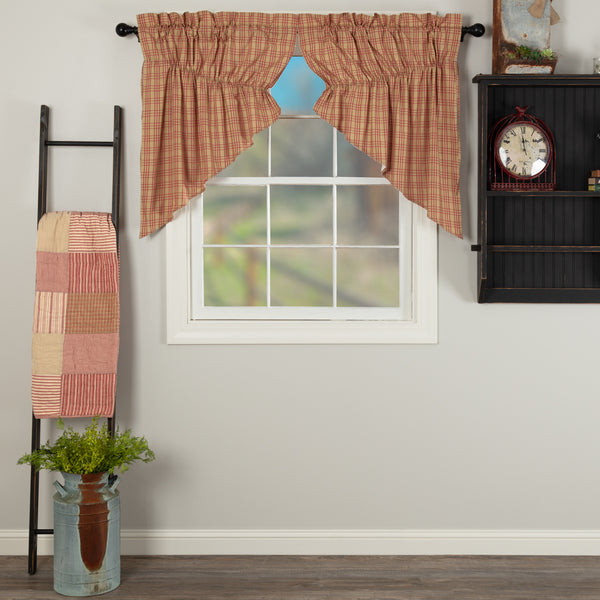 Sawyer Mill Red Plaid Prairie Swag Set of 2 36x36x18. The base is a dark tan under a tasteful large scale cpuntry red plaid. Primitive Country Farmhouse Window Treatments Curtains Home Decor.