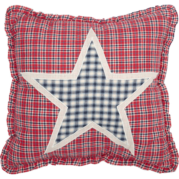 Hatteras Star Pillow 12x12, Seersucker fabric in American red, cotton white, and denim blue. Primitive Country Farmhouse Bedding Home Decor.