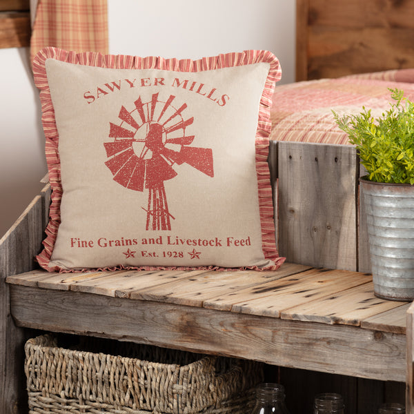 Sawyer Mill Red Windmill Pillow 18x18, "Sawyer Mills, Fine Grains and Livestock Feed, Est.1928",  Country Red, Khaki, Creme, Primitive Country Farmhouse Bedding Home Decor.