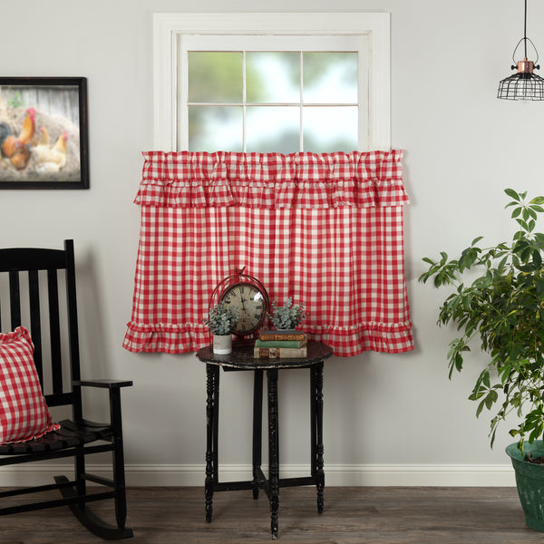 Annie Buffalo Red Check Ruffled Tier Set of 2 L36xW36, Country Red, Antique Creme, Primitive Country Farmhouse Window Treatments Curtains Home Decor.
