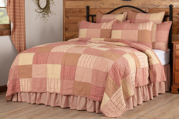 Sawyer Mill Red Luxury King Quilt 120Wx105L, simple block pattern in various plaid and stripes work perfectly to set a Farmhouse mood for the bedroom.  This cozy quilt is Country Red, Dark Tan, Dark Creme., Primitive Country Farmhouse Bedding Home Decor.
