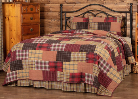 Wyatt King Quilt Set; 1 Quilt and 2 Shams, khaki, and dark brown plaid and stripes , rustic, lodge, primitive country farmhouse quilted bedding home decor.