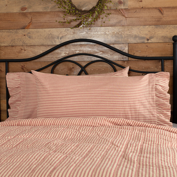 Sawyer Mill Red ticking stripe king pillowcases set of 2, 21x40, red and tan with ruffled opening