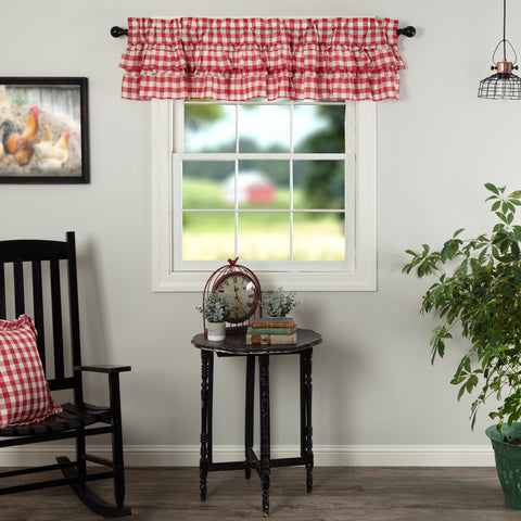 Annie Buffalo Red Check Ruffled Valance 16x72, Country Red, Antique Creme, Large Scale Checks, Primitive Country Farmhouse Window Treatments Curtains Home Decor.