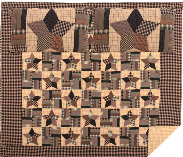Bingham Star King Quilt Set including 1 Quilt and 2 Shams. Soft black, khaki, and red plaid, check and printed fabrics while beautifully showcasing alternating large 5-point star and confetti strip blocks. Primitive Country Farmhouse Quilted Bedding Home Decor
