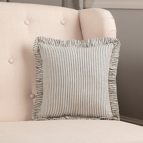 Hatteras Seersucker Blue Ticking Stripe Fabric Pillow 12x12,  features denim blue and cotton white in an elegant ticking stripe. A special seersucker fabric gives this simple but graceful look a premium feel to the hand and eyes. Primitive Country Farmhouse Bedding Home Decor.