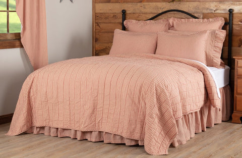 Sawyer Mill Red Ticking Stripe Twin Quilt Coverlet 68Wx86L, Sawyer Mill Red Ticking Stripe Twin Quilt Coverlet 68Wx86, featuring vertical channel hand quilting with repeating country ticking stripe woven into solid cotton base., Primitive Country Farmhouse Bedding Home Decor.