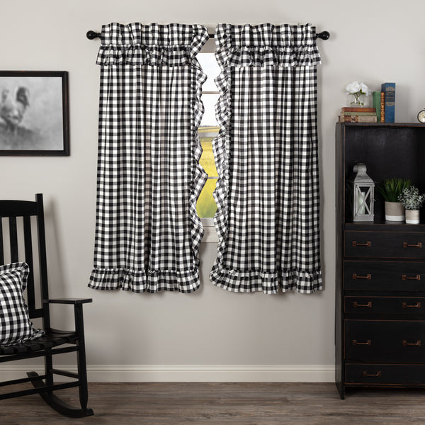 Annie Buffalo Black Check Ruffled Short Panel Set of 2 63x36, large scale black and white checks, Primitive Country Farmhouse Window Treatments Curtains Home Decor.