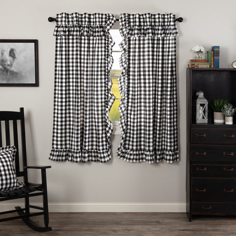 Annie Buffalo Black Check Ruffled Short Panel Set of 2 63x36, large scale black and white checks, Primitive Country Farmhouse Window Treatments Curtains Home Decor.