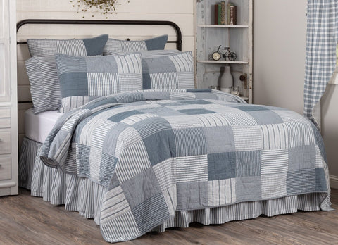 Sawyer Mill Blue Luxury King Quilt 120Wx105L, simple block pattern in various plaid and stripes work perfectly to set a Farmhouse mood, Denim Blue Soft White. Primitive Country Farmhouse Bedding Home Decor.
